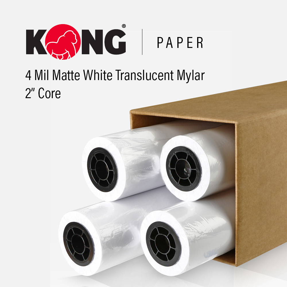36'' x 120' Roll - 4 Mil Double Sided Matte White Translucent Mylar for Monochrome Printing on One Side for Inkjet Printer on 2'' Core (4 Pack)